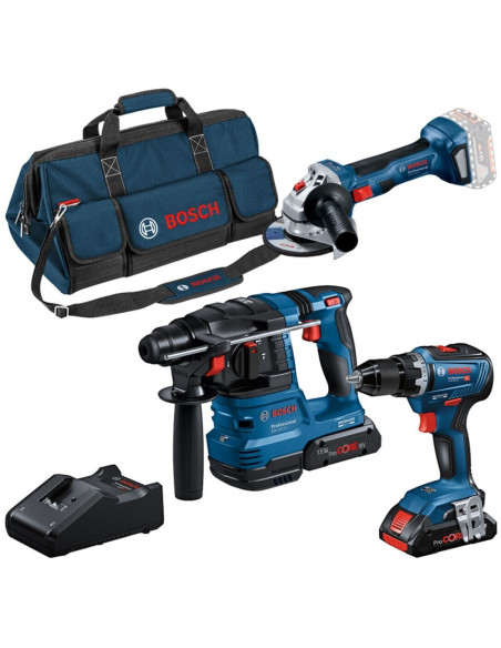 PACK 3 VISSEUSE+MEULEUSE+PERFORATEUR BOSCH 18V 2X4A